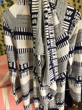 Macy's Navy and Cream Patterned Open Front Sweater